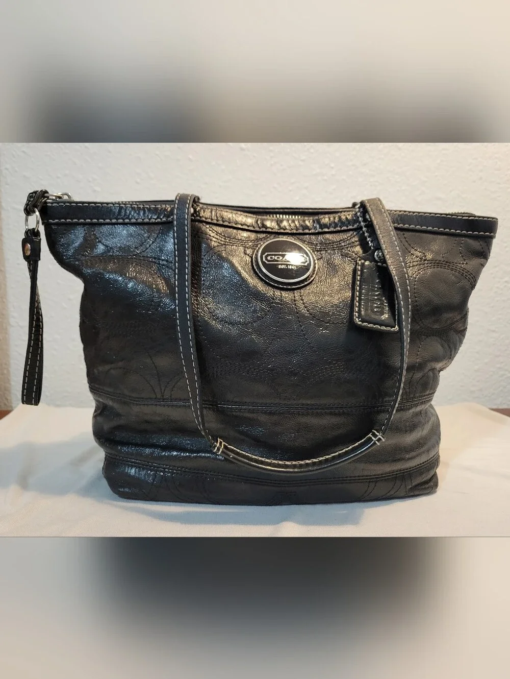Coach Black Leather Tote with Signature Oval Plaque